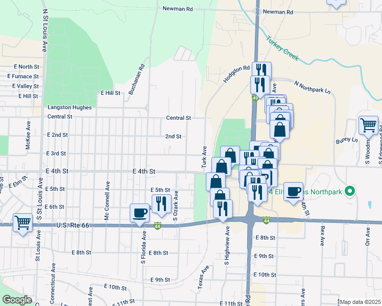 map of restaurants, bars, coffee shops, grocery stores, and more near 225 South Ozark Avenue in Joplin