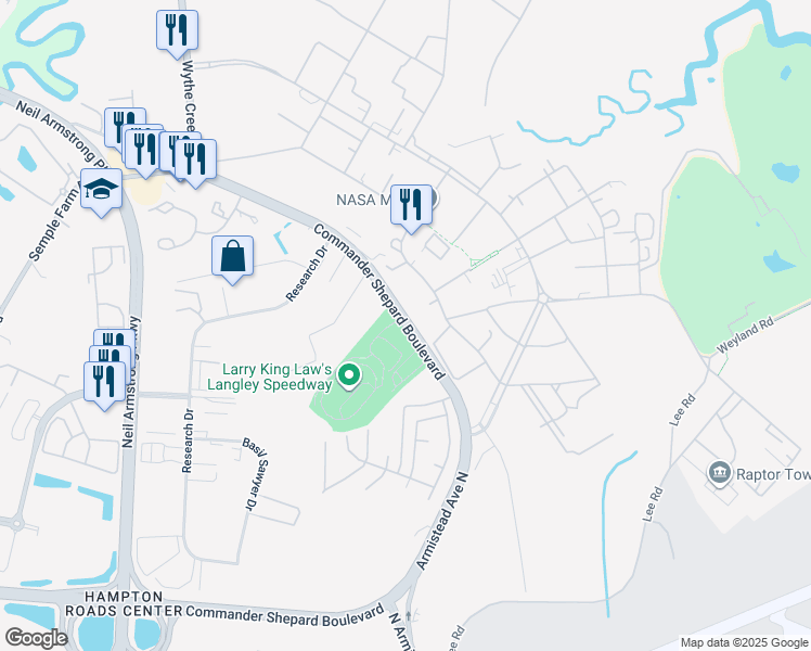 map of restaurants, bars, coffee shops, grocery stores, and more near 3175 Commander Shepard Boulevard in Hampton