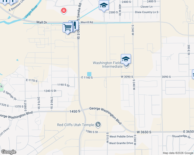 map of restaurants, bars, coffee shops, grocery stores, and more near E 1130 S in St George