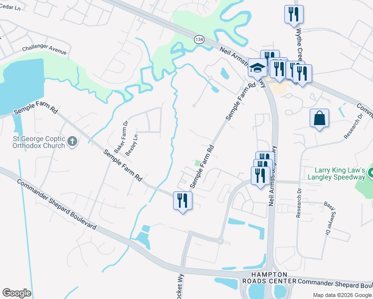 map of restaurants, bars, coffee shops, grocery stores, and more near 90 Semple Farm Road in Hampton