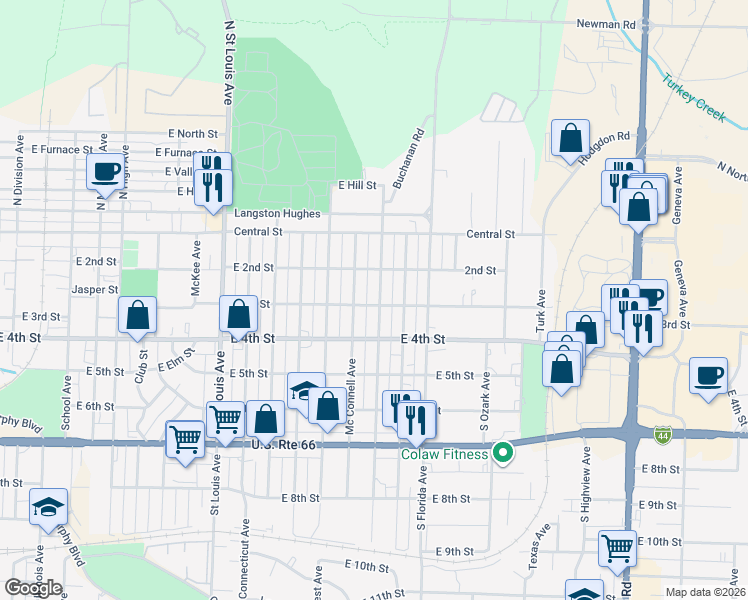 map of restaurants, bars, coffee shops, grocery stores, and more near 223 Patterson Avenue in Joplin