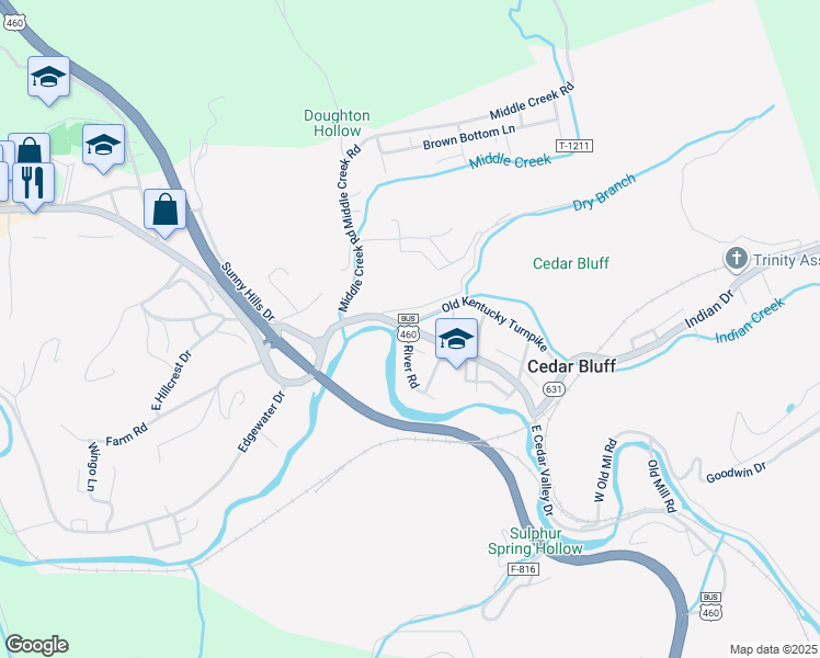 map of restaurants, bars, coffee shops, grocery stores, and more near Cedar Valley Drive in Cedar Bluff