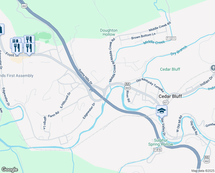 map of restaurants, bars, coffee shops, grocery stores, and more near Cedar Valley Drive in Cedar Bluff