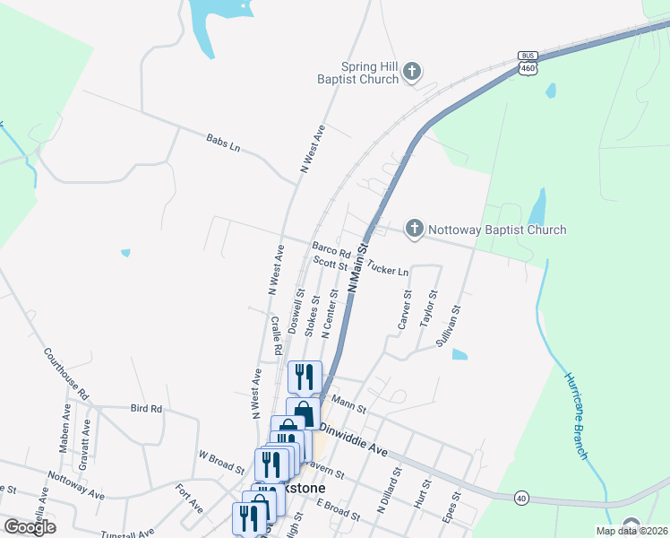 map of restaurants, bars, coffee shops, grocery stores, and more near 545 North Center Street in Blackstone