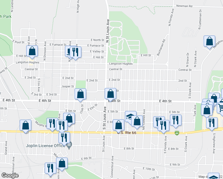 map of restaurants, bars, coffee shops, grocery stores, and more near 230 South Saint Charles Avenue in Joplin