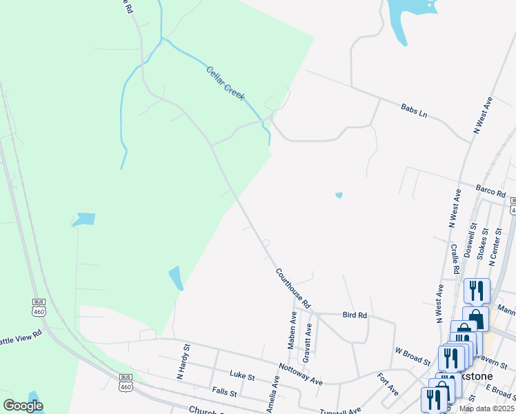 map of restaurants, bars, coffee shops, grocery stores, and more near 692 Courthouse Road in Blackstone