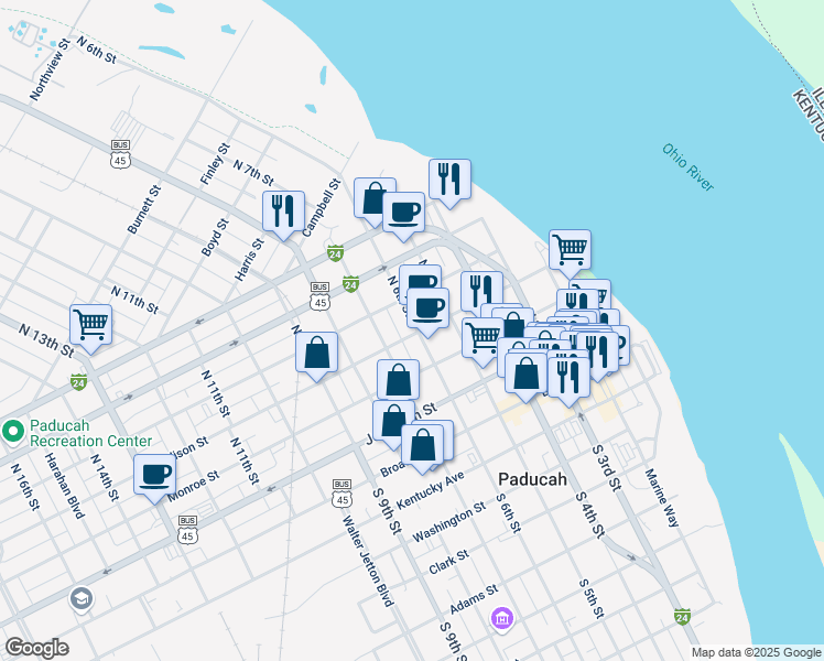 map of restaurants, bars, coffee shops, grocery stores, and more near 520 Madison Street in Paducah