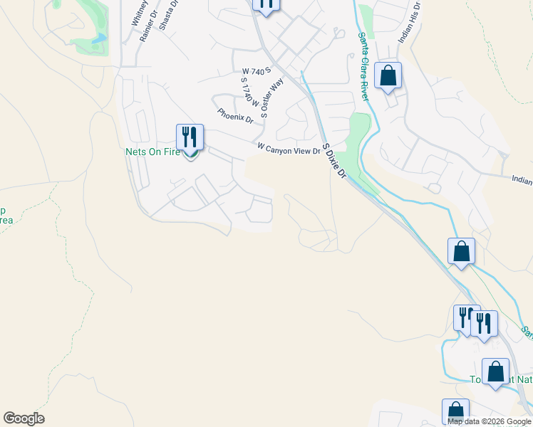 map of restaurants, bars, coffee shops, grocery stores, and more near 1845 West Canyon View Drive in St. George