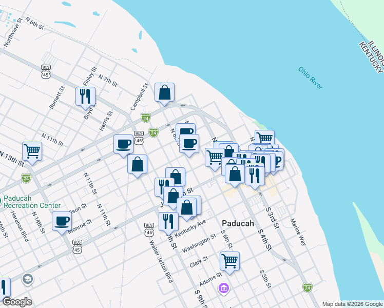 map of restaurants, bars, coffee shops, grocery stores, and more near 520 Madison Street in Paducah