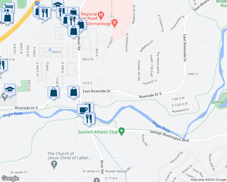 map of restaurants, bars, coffee shops, grocery stores, and more near East Riverside Drive in St. George