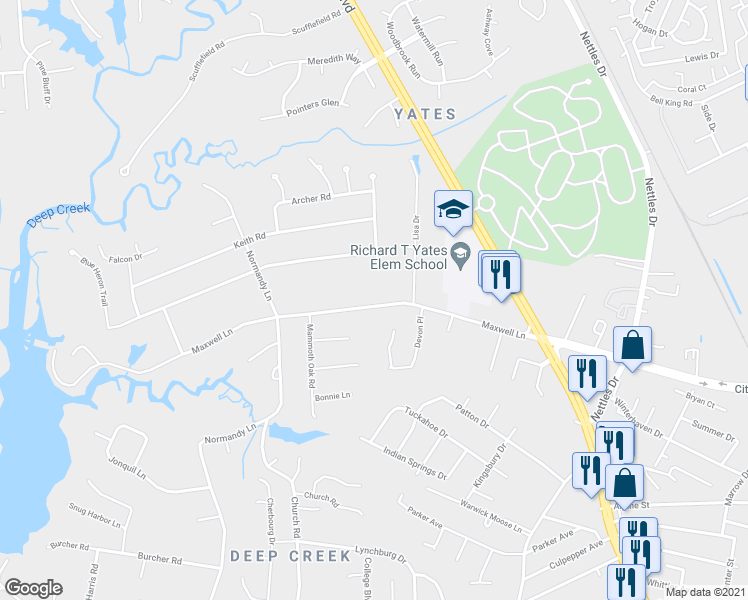 map of restaurants, bars, coffee shops, grocery stores, and more near 127 Maxwell Lane in Newport News