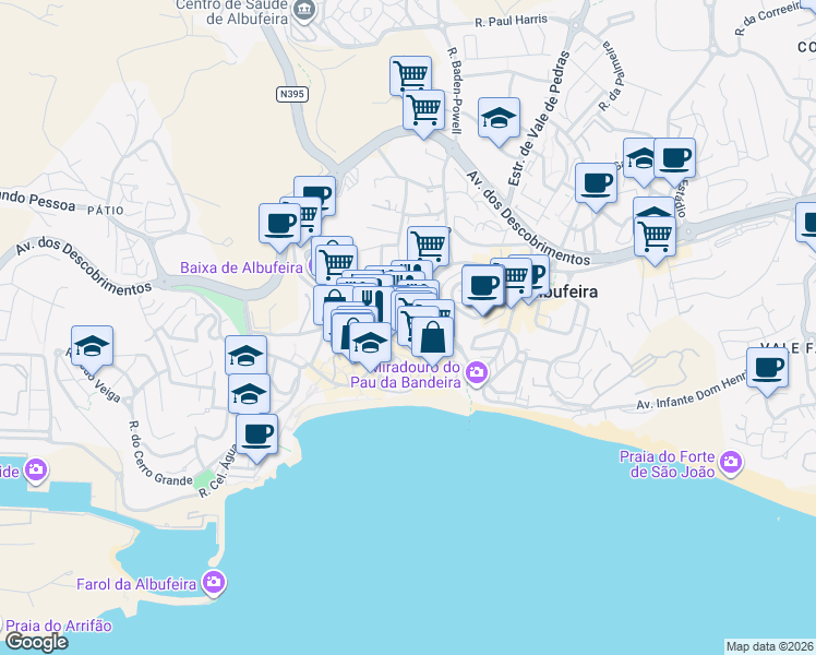 map of restaurants, bars, coffee shops, grocery stores, and more near 7 Rua Alves Correia in Albufeira