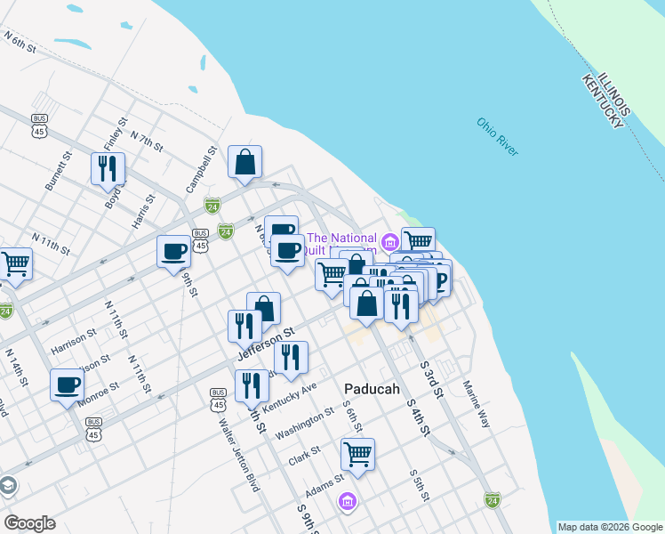 map of restaurants, bars, coffee shops, grocery stores, and more near 398 N 5th St in Paducah