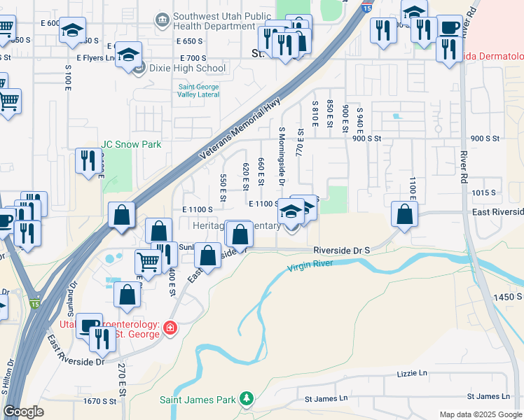 map of restaurants, bars, coffee shops, grocery stores, and more near 658 E 1100 S in St George