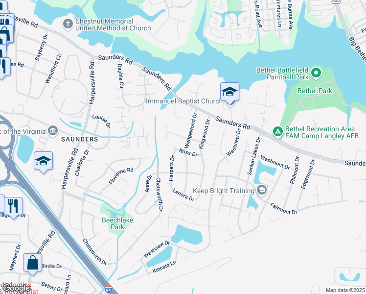 map of restaurants, bars, coffee shops, grocery stores, and more near 103 Wedgewood Drive in Newport News