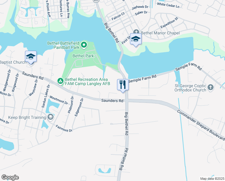 map of restaurants, bars, coffee shops, grocery stores, and more near 111 Flinton Drive in Hampton