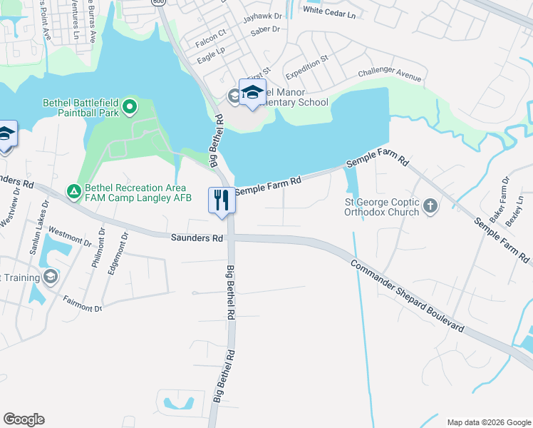 map of restaurants, bars, coffee shops, grocery stores, and more near 8 Old Pond Court in Hampton