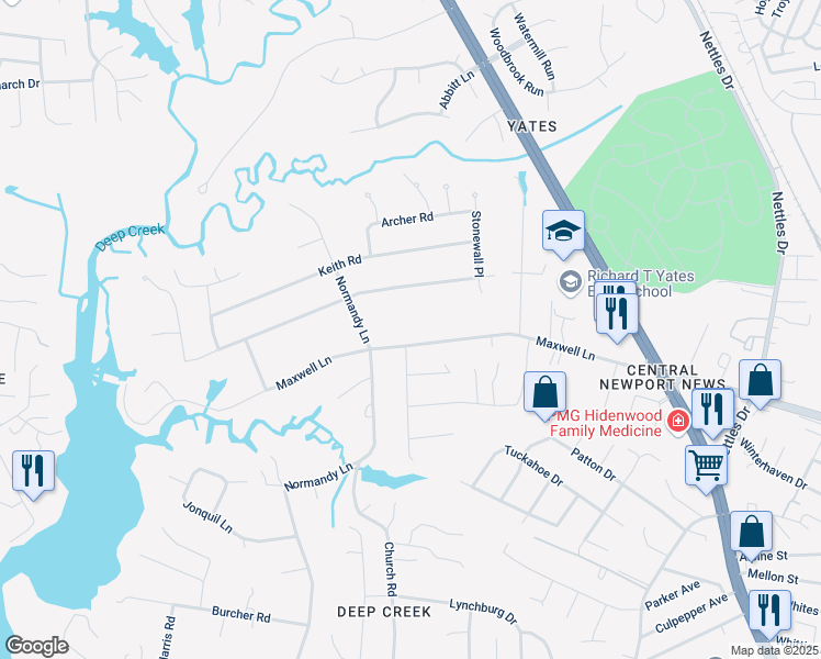 map of restaurants, bars, coffee shops, grocery stores, and more near 153 Maxwell Lane in Newport News