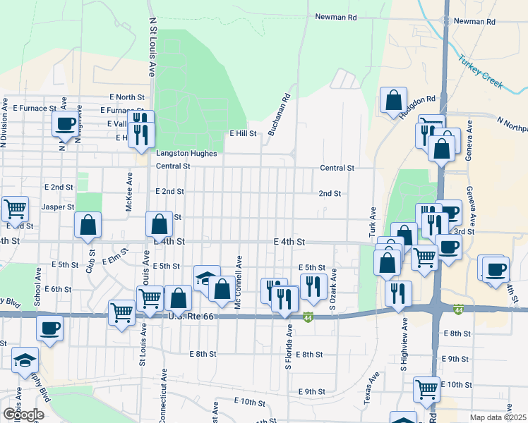 map of restaurants, bars, coffee shops, grocery stores, and more near 223 Patterson Avenue in Joplin