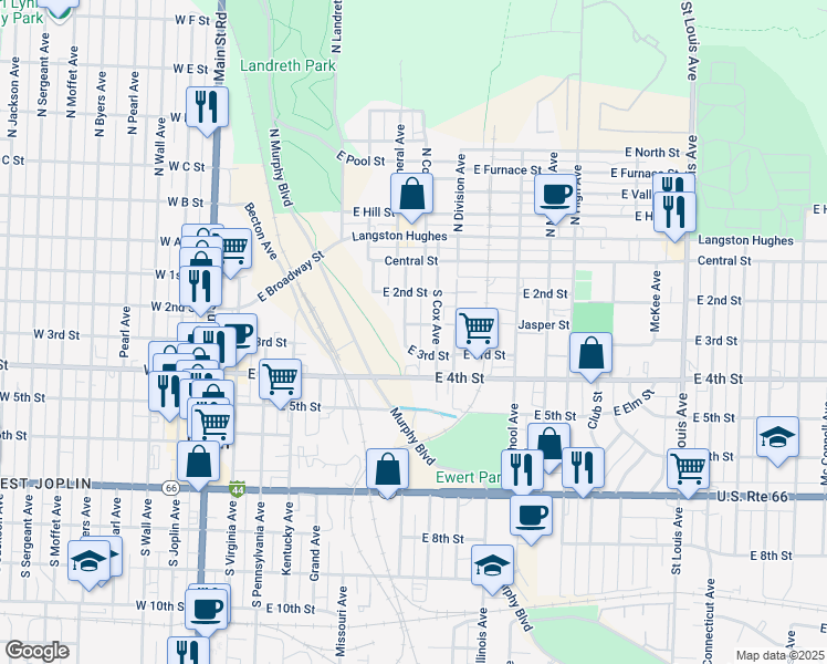 map of restaurants, bars, coffee shops, grocery stores, and more near 402 South Mineral Avenue in Joplin