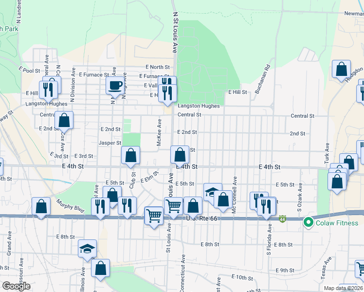 map of restaurants, bars, coffee shops, grocery stores, and more near 220 South Saint Charles Avenue in Joplin