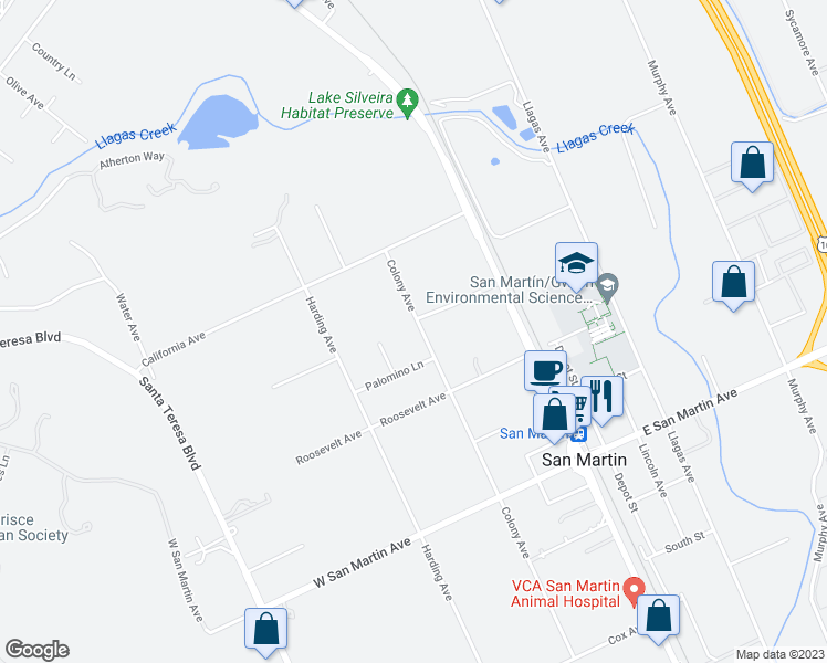 map of restaurants, bars, coffee shops, grocery stores, and more near 13765 Colony Avenue in San Martin