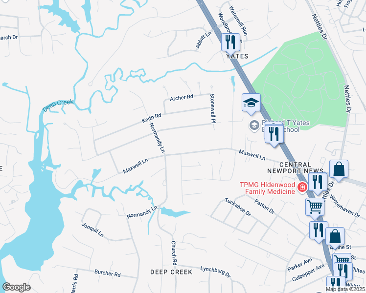 map of restaurants, bars, coffee shops, grocery stores, and more near 153 Maxwell Lane in Newport News