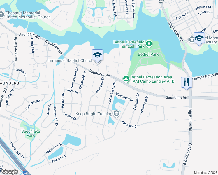 map of restaurants, bars, coffee shops, grocery stores, and more near 9 Lake Field Crossing in Hampton