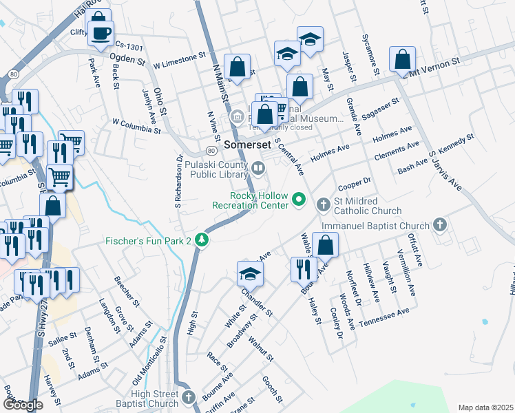 map of restaurants, bars, coffee shops, grocery stores, and more near 404 South Main Street in Somerset