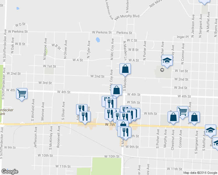 map of restaurants, bars, coffee shops, grocery stores, and more near 1702 West 3rd Street in Joplin