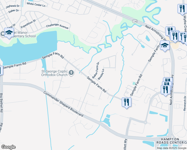 map of restaurants, bars, coffee shops, grocery stores, and more near 122 Treslyn Trce in Hampton
