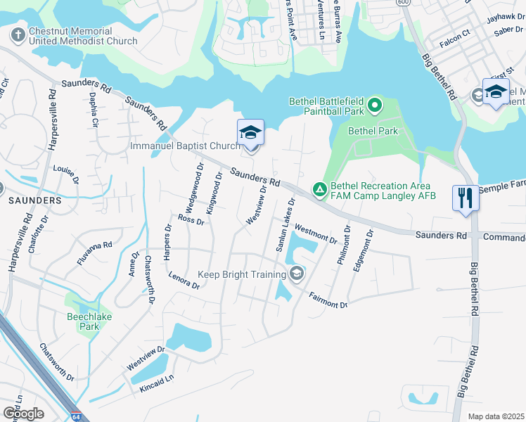 map of restaurants, bars, coffee shops, grocery stores, and more near 13 Westview Drive in Hampton
