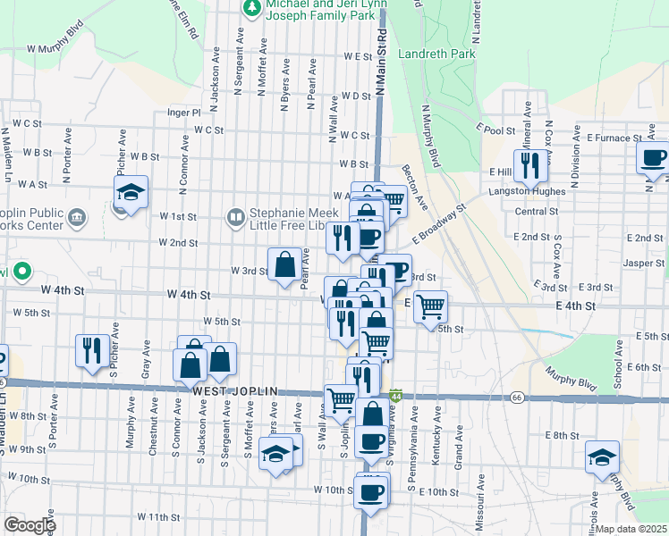 map of restaurants, bars, coffee shops, grocery stores, and more near 223 West 3rd Street in Joplin