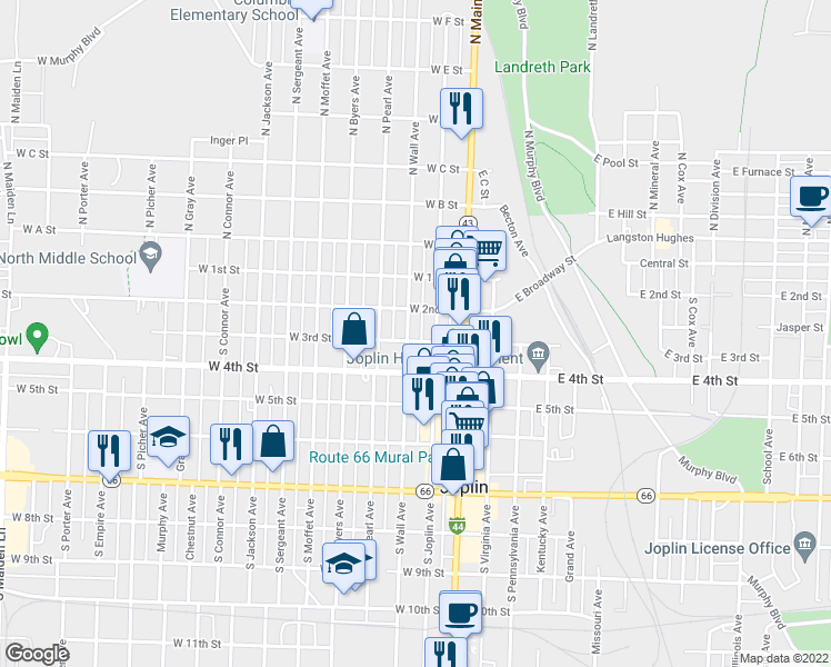 map of restaurants, bars, coffee shops, grocery stores, and more near 223 W 3rd St in Joplin