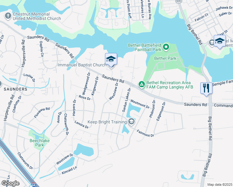 map of restaurants, bars, coffee shops, grocery stores, and more near 13 Westview Drive in Hampton