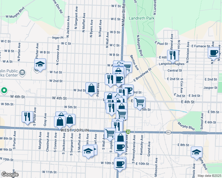 map of restaurants, bars, coffee shops, grocery stores, and more near 228 South Joplin Avenue in Joplin