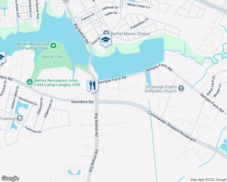 map of restaurants, bars, coffee shops, grocery stores, and more near 8 Old Pond Court in Hampton