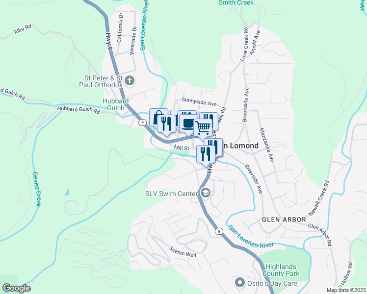 map of restaurants, bars, coffee shops, grocery stores, and more near 9520 Mill Street in Ben Lomond
