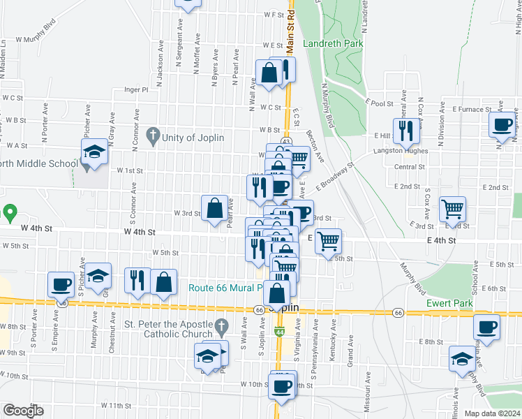 map of restaurants, bars, coffee shops, grocery stores, and more near 223 West 3rd Street in Joplin