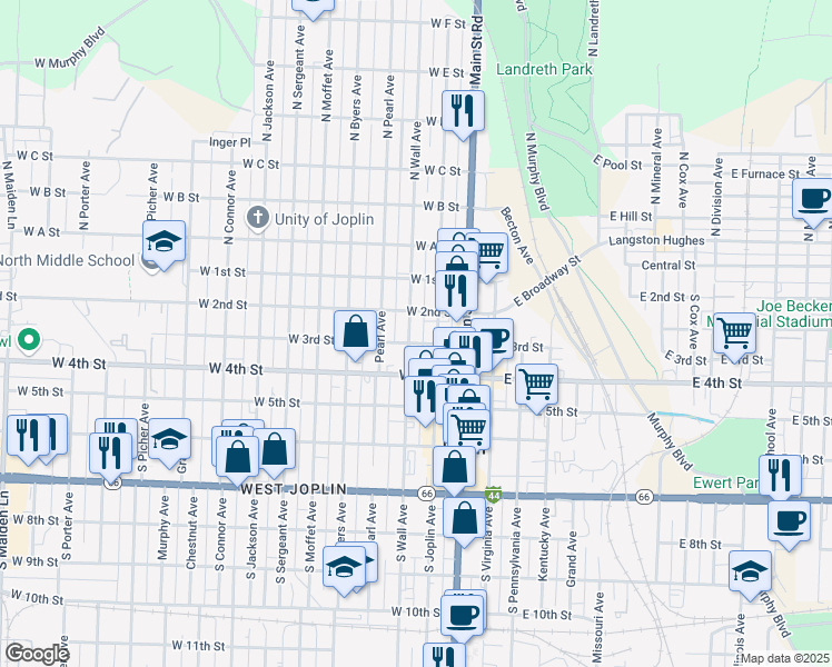 map of restaurants, bars, coffee shops, grocery stores, and more near 223 West 3rd Street in Joplin