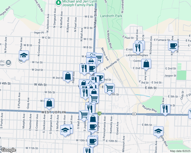 map of restaurants, bars, coffee shops, grocery stores, and more near 221 North Main Street Road in Joplin
