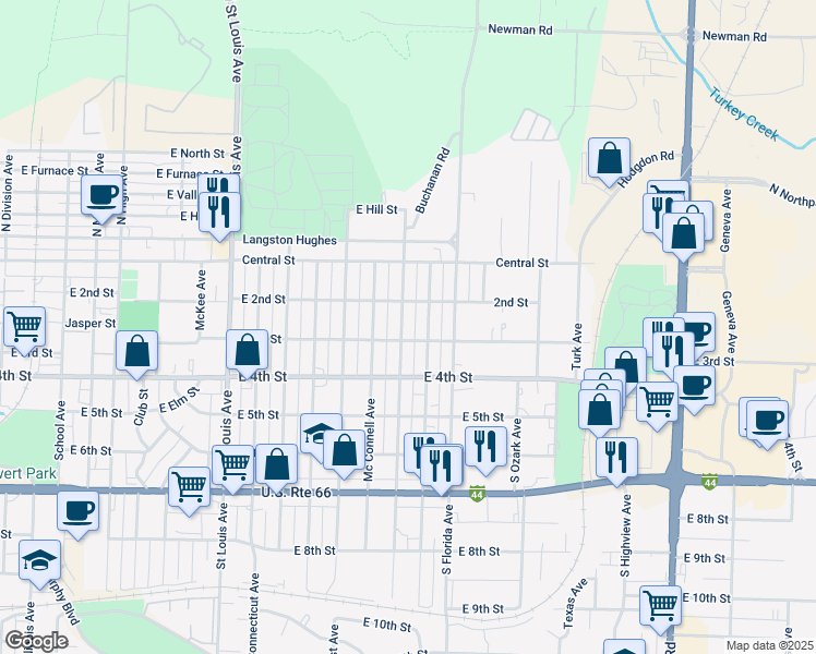 map of restaurants, bars, coffee shops, grocery stores, and more near 223 Patterson Avenue in Joplin