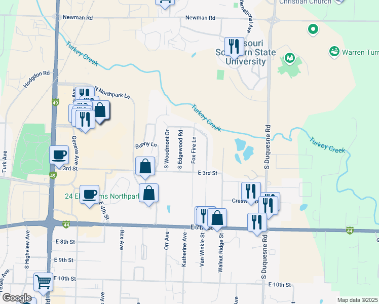 map of restaurants, bars, coffee shops, grocery stores, and more near 200 Foxfire Lane in Joplin