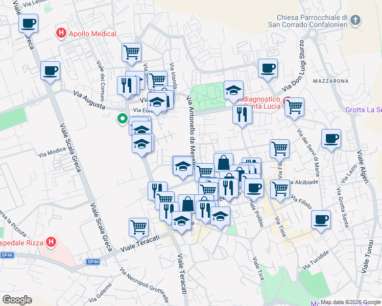map of restaurants, bars, coffee shops, grocery stores, and more near 31 Via Antonello da Messina in Siracusa
