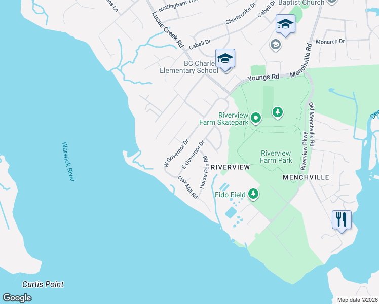 map of restaurants, bars, coffee shops, grocery stores, and more near 13 East Governor Drive in Newport News