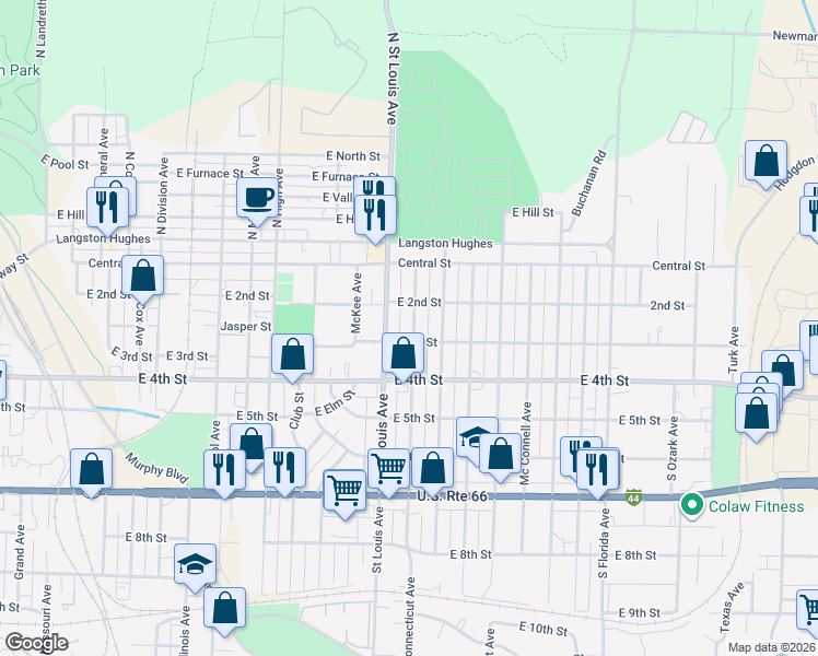 map of restaurants, bars, coffee shops, grocery stores, and more near 220 South Saint Charles Avenue in Joplin