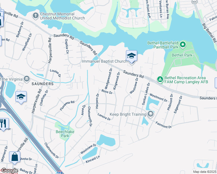 map of restaurants, bars, coffee shops, grocery stores, and more near 103 Wedgewood Drive in Newport News