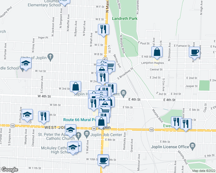map of restaurants, bars, coffee shops, grocery stores, and more near 211 South Main Street in Joplin