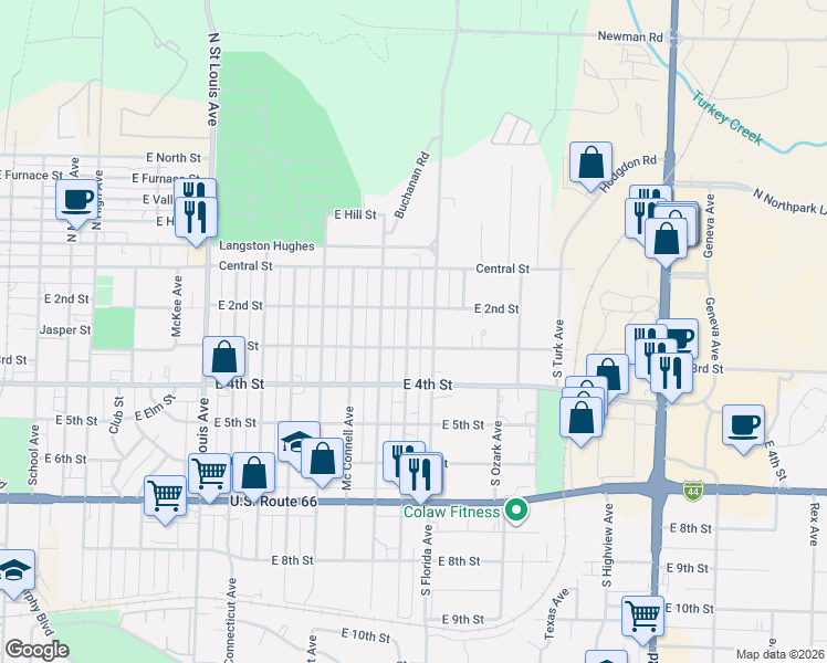 map of restaurants, bars, coffee shops, grocery stores, and more near 221 South Brownell Avenue in Joplin