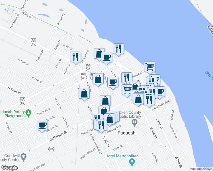 map of restaurants, bars, coffee shops, grocery stores, and more near 415 North 6th Street in Paducah